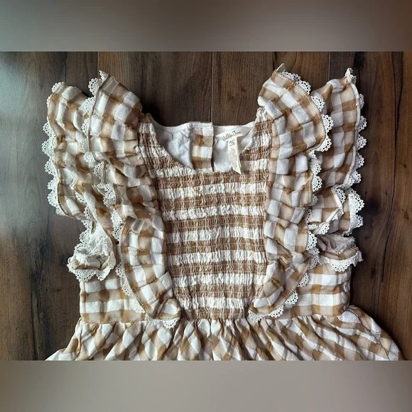 Matilda Jane Size 14 Gingham Smocked Top Cottagecore Lace Ruffle Blouse - Picture 2 of 8